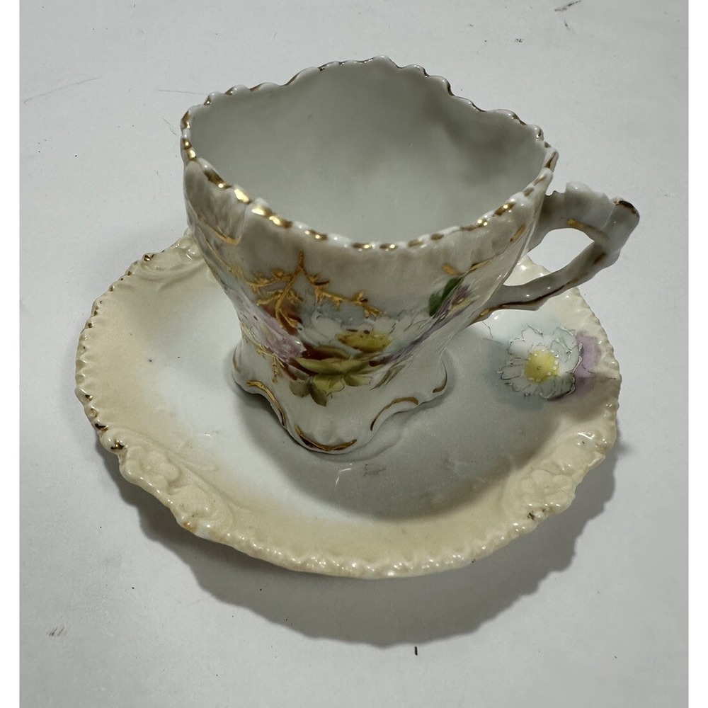 Vintage Victorian Miniature Porcelain Square Floral Tea Cup & Saucer